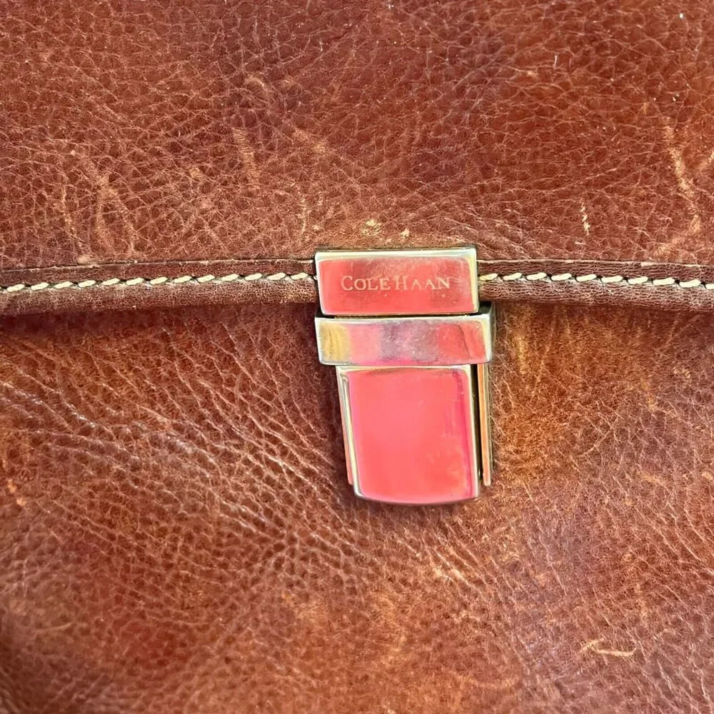 Cole Haan attache briefcase brown leather multi pocket double buckle 18